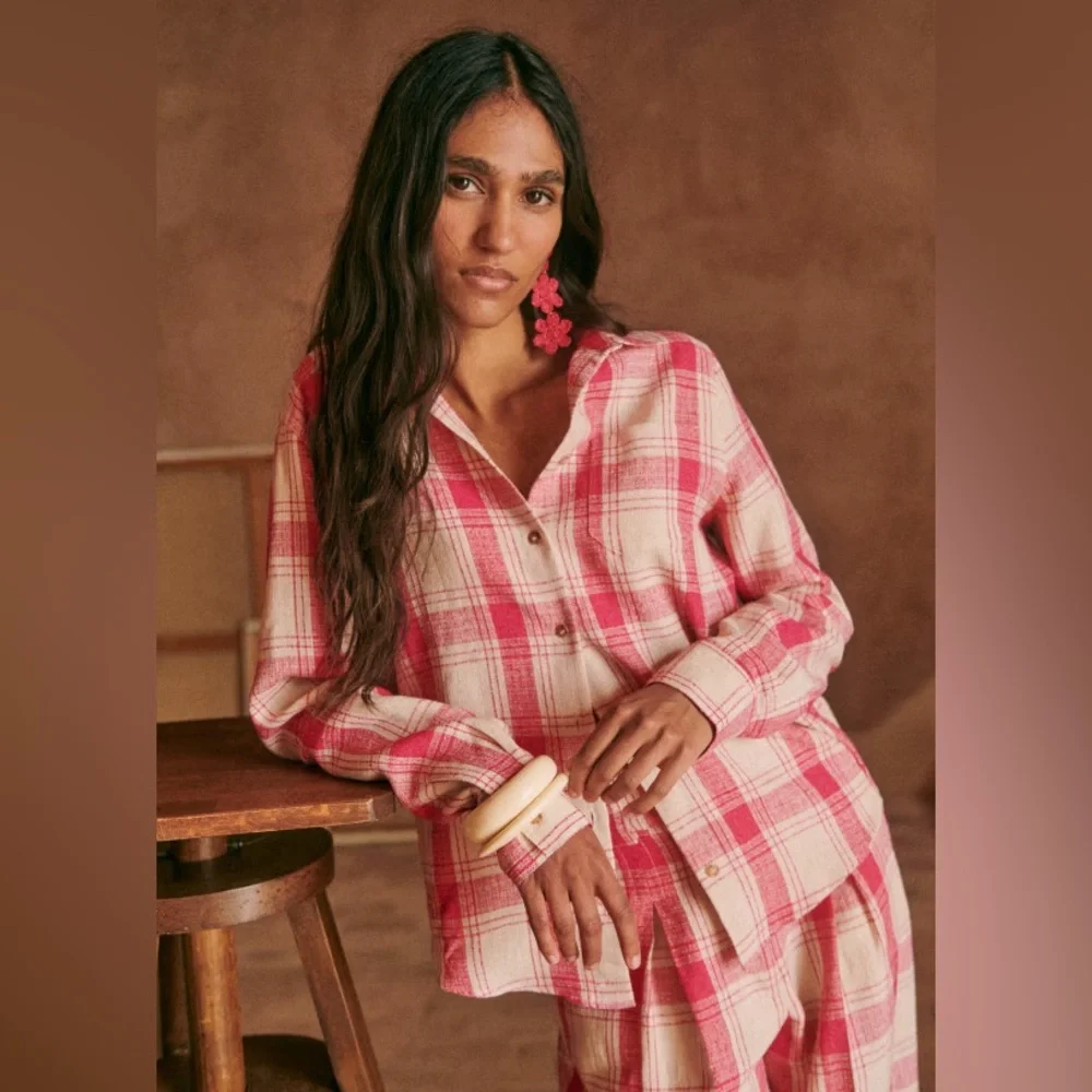 Sezane Tomboy Button-Up Shirt Plaid Pink White Maxi Check Sz 6 NWT Linen Blend - Picture 2 of 11